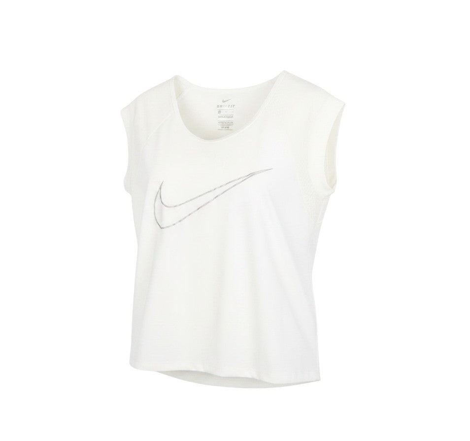 Prewornwholesale Nike women's white Dri-FIT athletic sleeveless crew neck t-shirt with silver Swoosh logo
