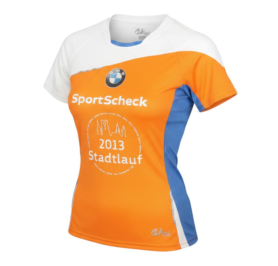 Prewornwholesale orange and white lightweight running t-shirt with blue side panels and 2013 Stadtlauf event branding.
