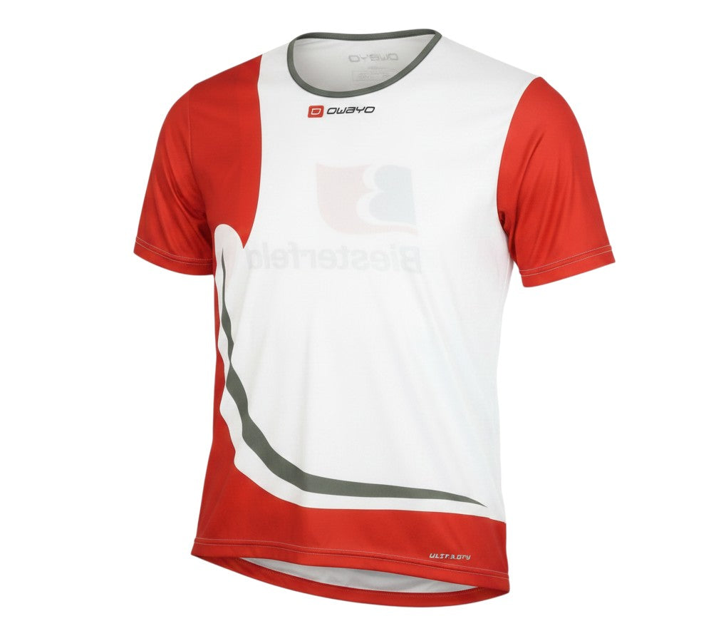Prewornwholesale Owayo unisex white and red athletic short sleeve jersey with crew neck and ultradry technology.