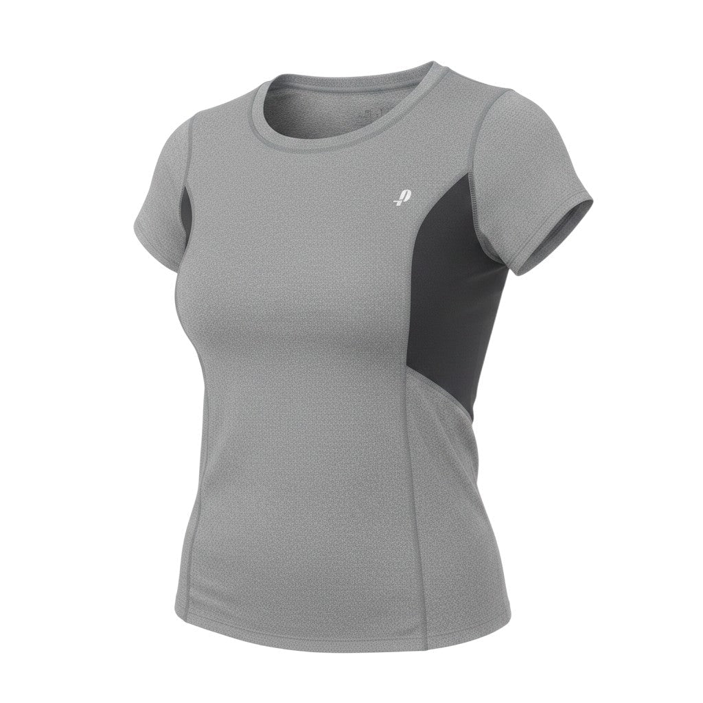 Prewornwholesale Penn women's grey short sleeve performance sports t-shirt with black side panels and crew neckline.
