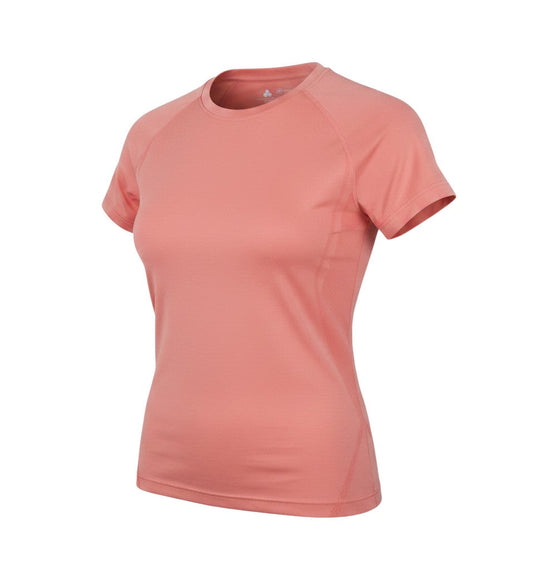 Prewornwholesale coral pink slim fit activewear T-shirt with crew neck and short raglan sleeves for women.