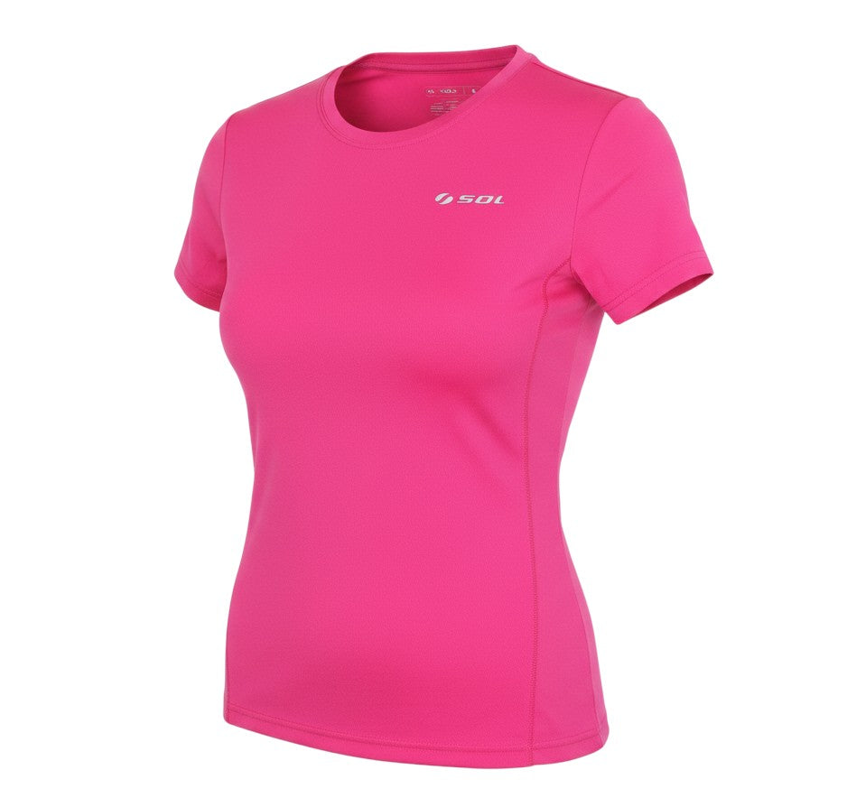 Prewornwholesale women's vibrant pink short-sleeve activewear T-shirt with crew neck in durable polyester jersey knit