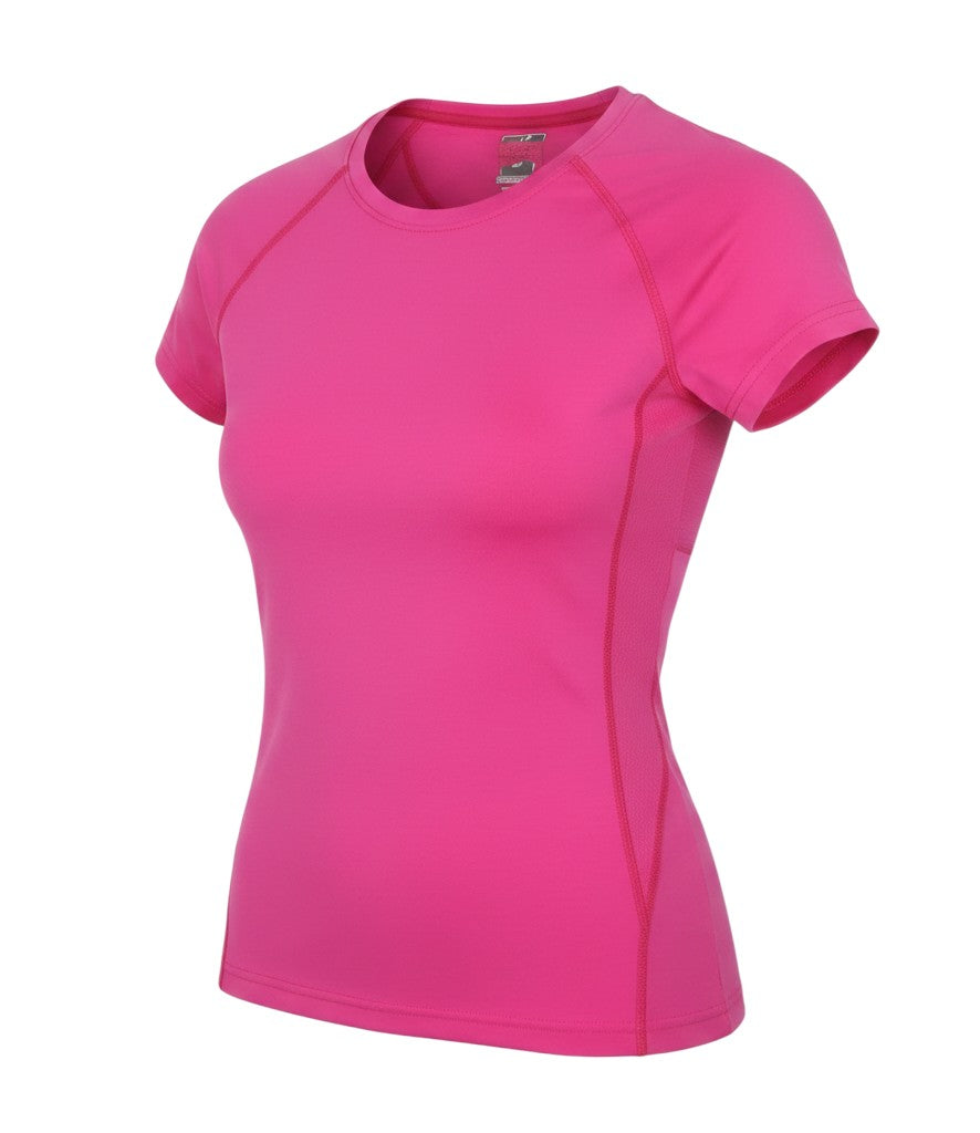 Prewornwholesale women's pink athletic t-shirt with crew neck and moisture-wicking fabric for gym training