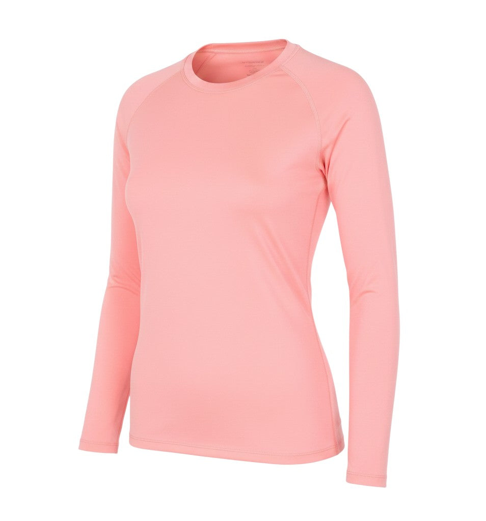 Prewornwholesale pink long sleeve active t-shirt with crew neck and raglan sleeves in a lightweight jersey fabric.