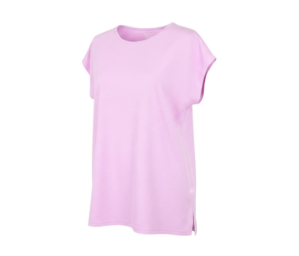 Prewornwholesale pink moisture-wicking performance sport t-shirt with a crew neck and relaxed fit for activewear.