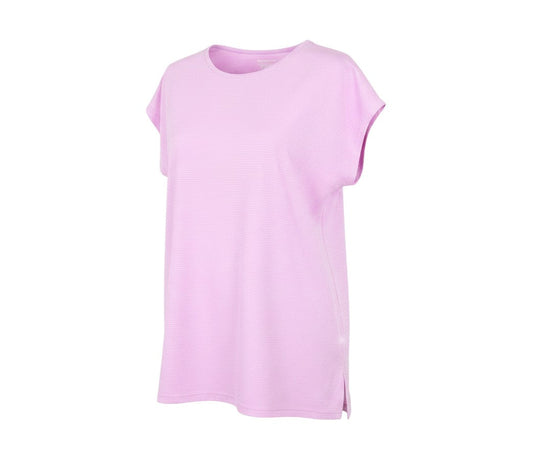 Prewornwholesale pink moisture-wicking performance sport t-shirt with a crew neck and relaxed fit for activewear.