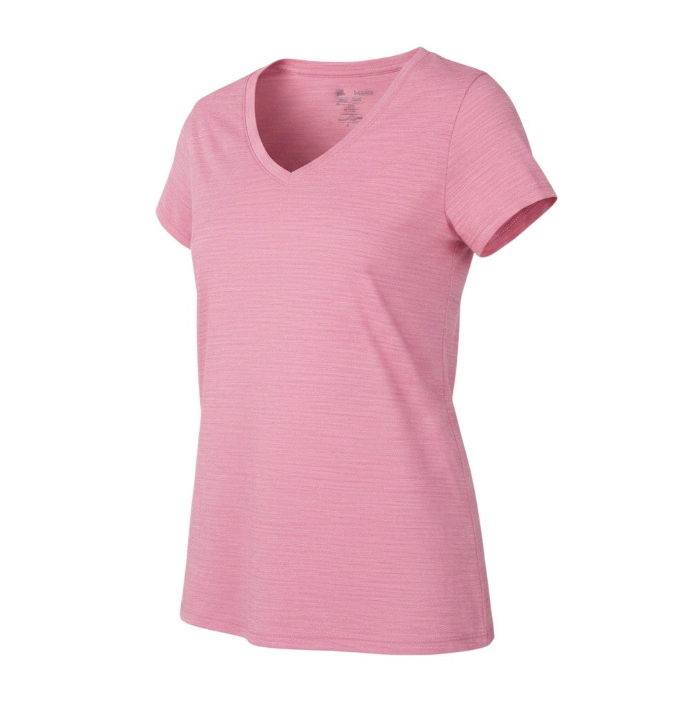 Prewornwholesale pink V-neck T-shirt for women in a soft polyester viscose blend with short sleeves