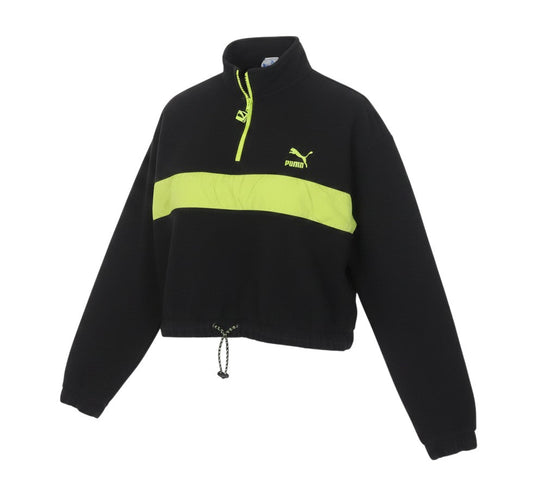 Prewornwholesale Puma women's black 1/4 zip pullover with neon green chest stripe, high neck, and drawstring hem.