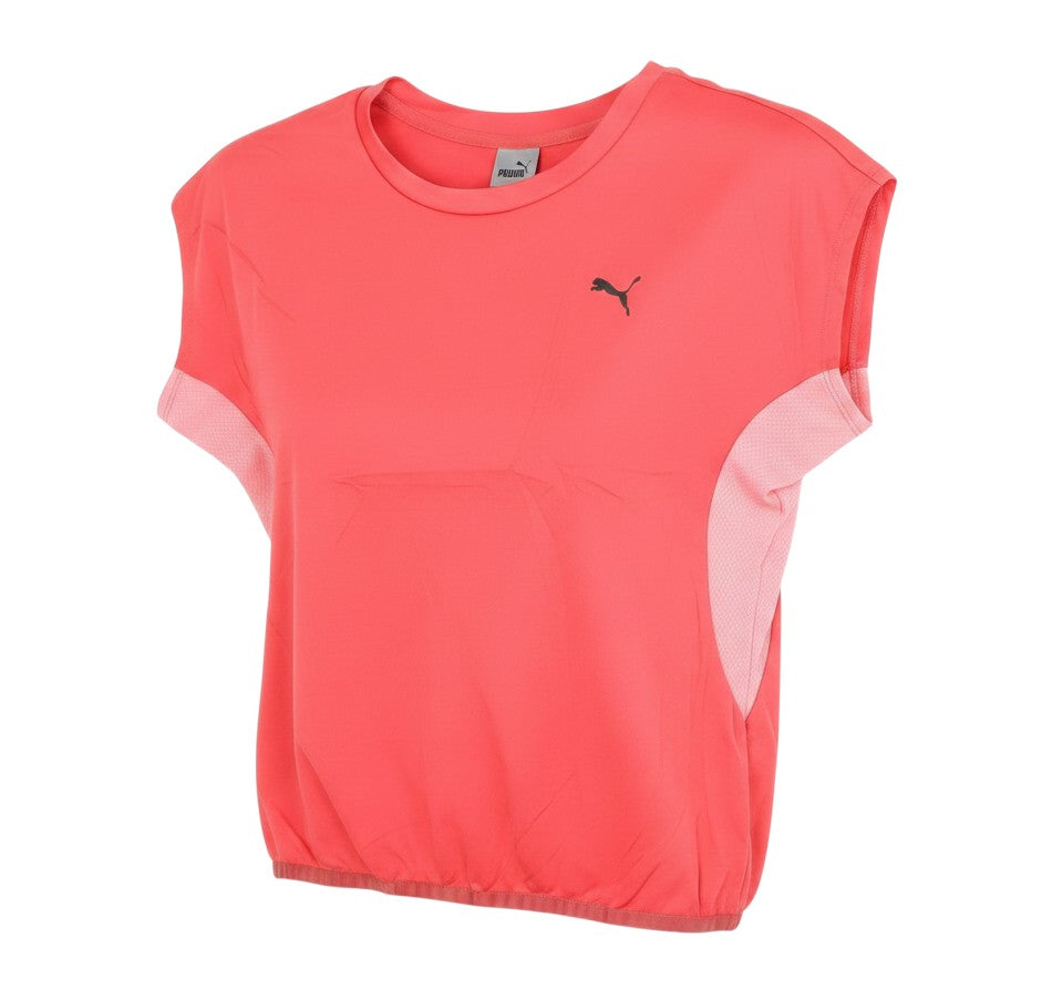 Prewornwholesale Puma women's red activewear top with cap sleeves and mesh side panels for breathable workout comfort.