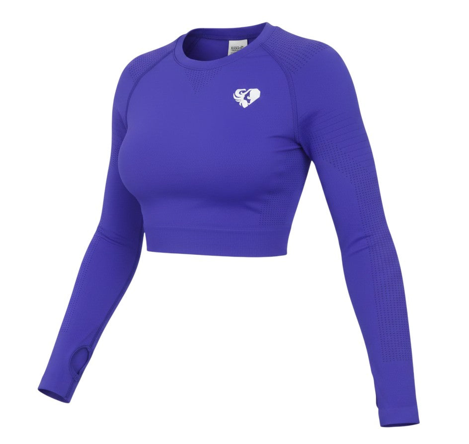 Prewornwholesale purple long sleeve cropped gym top with raglan sleeves and thumb holes in a breathable stretch fabric