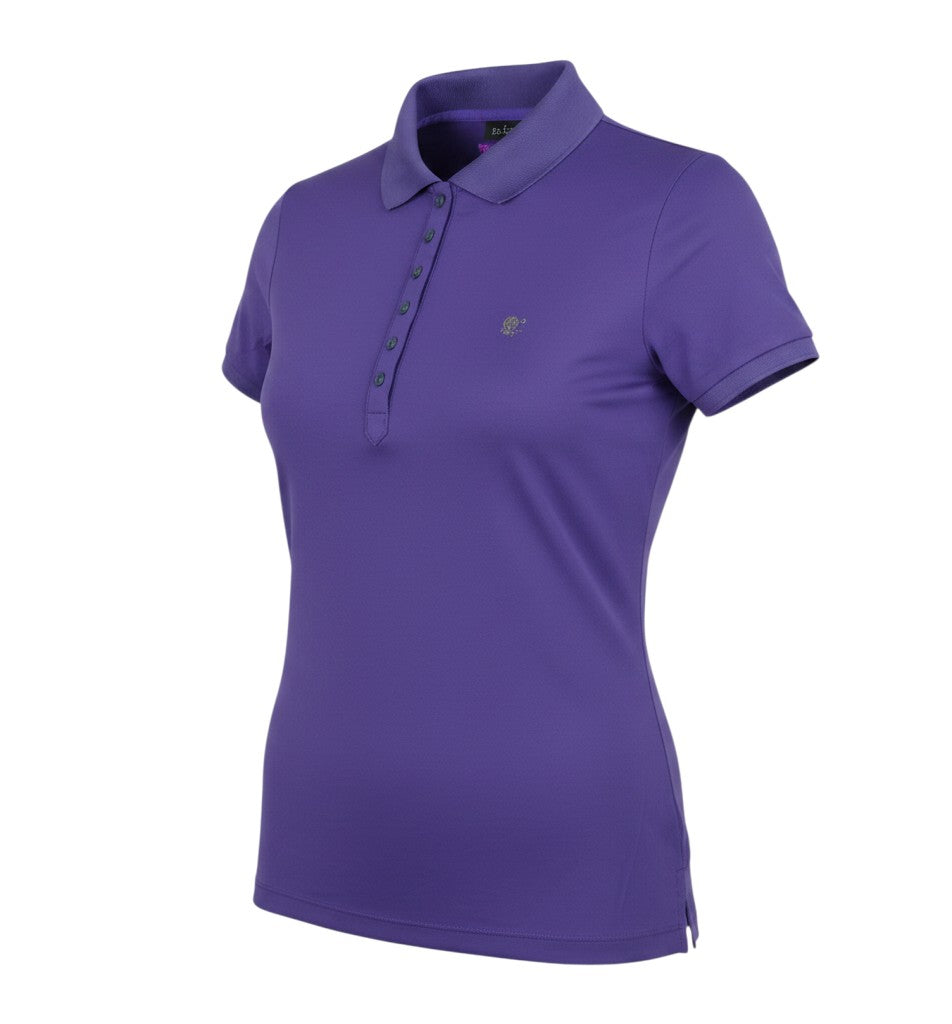 Prewornwholesale purple short-sleeve polo shirt with a collared neckline and button placket in a regular fit.