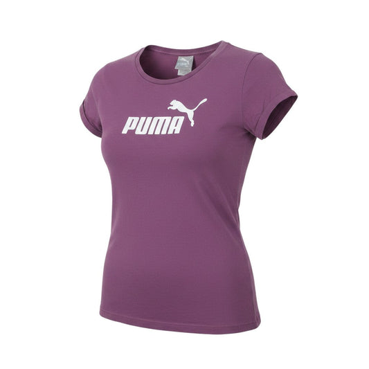 Prewornwholesale purple Puma cotton short sleeve T-shirt with white logo and crew neckline