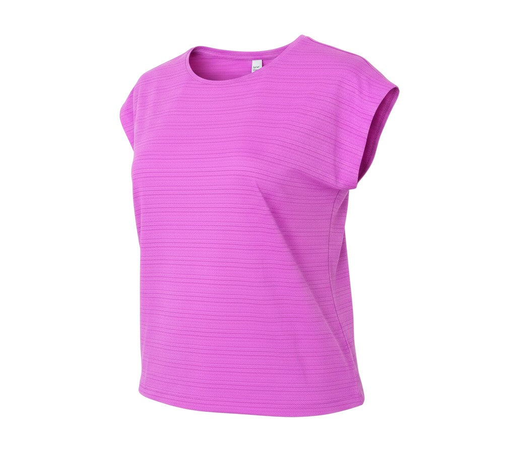 Prewornwholesale women's purple crew neck basic t-shirt with short cap sleeves and subtle horizontal textured fabric.