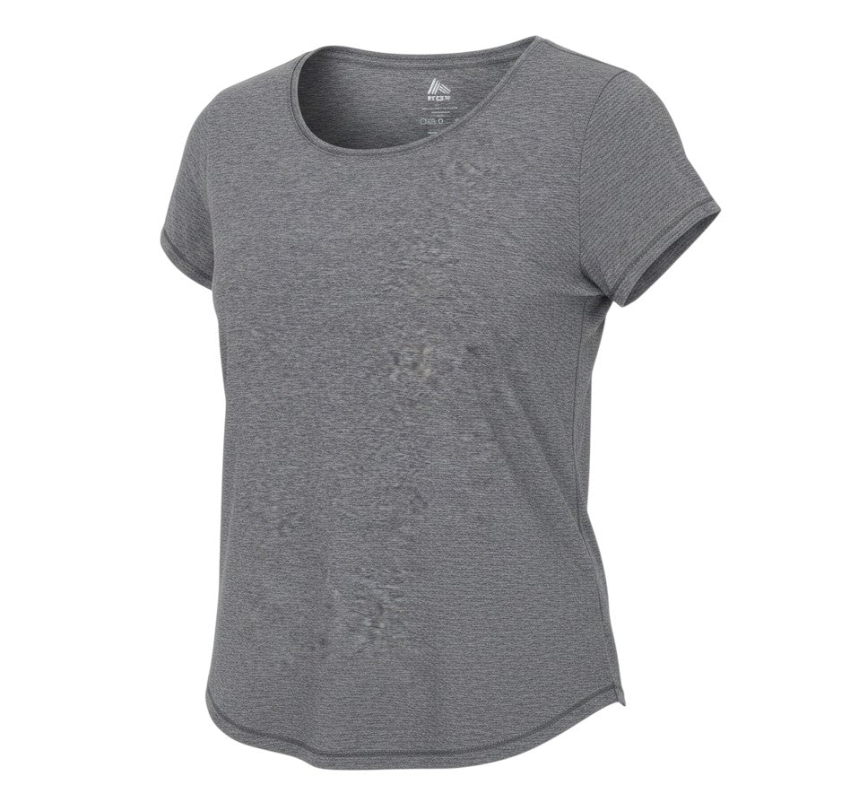 Prewornwholesale RBX women's grey short sleeve active T-shirt with a scoop neck in a moisture-wicking fabric.