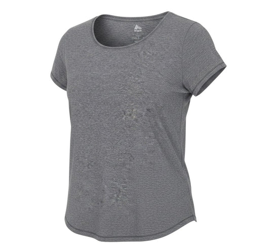 Prewornwholesale RBX women's grey short sleeve active T-shirt with a scoop neck in a moisture-wicking fabric.