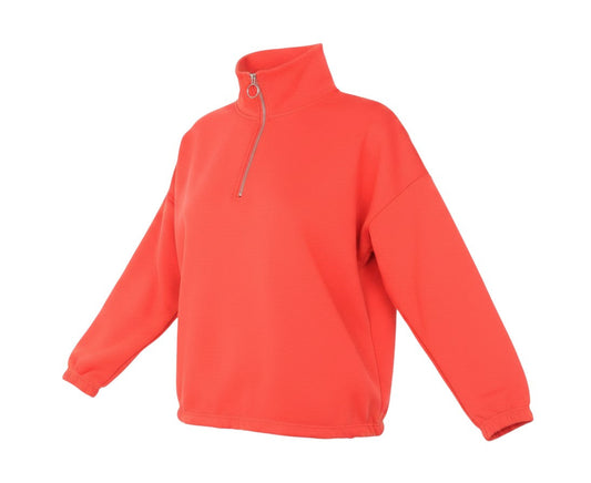 Prewornwholesale women's red jersey 1/4 zip high neck pullover with long sleeves and a drawstring hem.