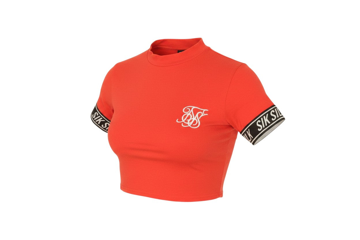 Prewornwholesale red SikSilk cropped slim fit T-shirt with branded sleeve bands and crew neckline