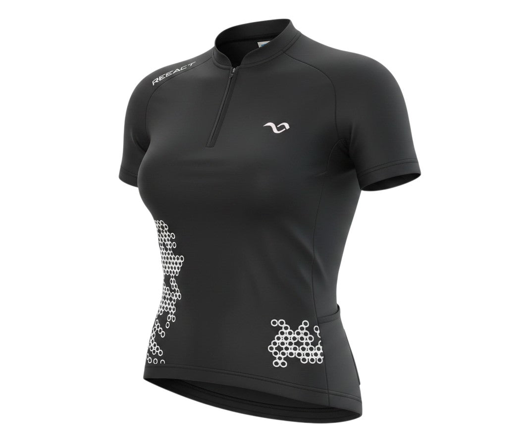 Prewornwholesale Reeact women's black short sleeve cycling jersey with a 1/4 zip and white abstract geometric pattern.