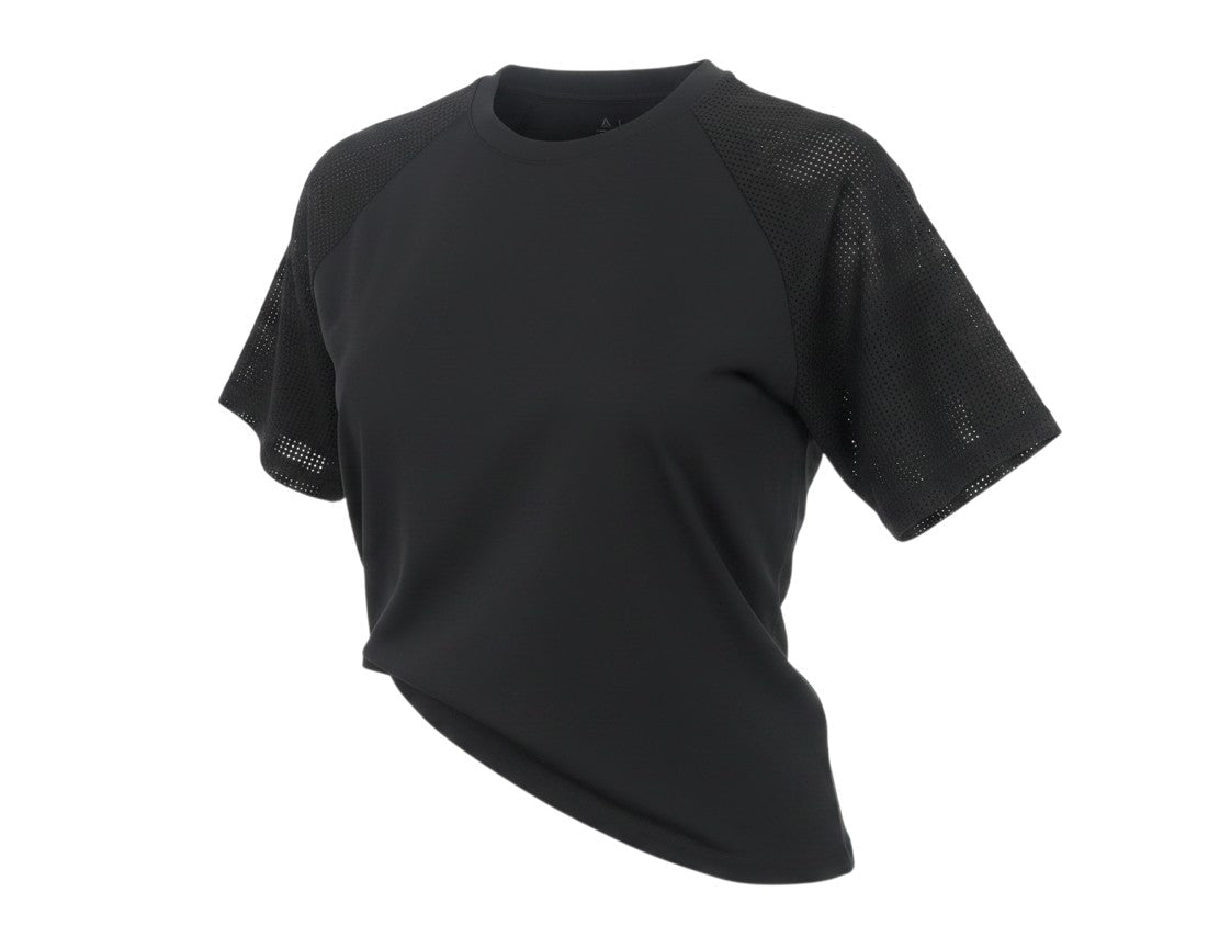 Prewornwholesale Reebok black unisex gym t-shirt with breathable mesh raglan sleeves and a crew neck design.