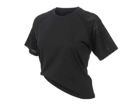 Prewornwholesale Reebok black unisex gym t-shirt with breathable mesh raglan sleeves and a crew neck design.