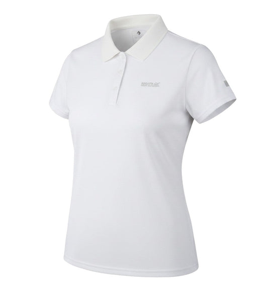 Prewornwholesale Regatta women's white short sleeve polo shirt in breathable polyester with a collared neckline.