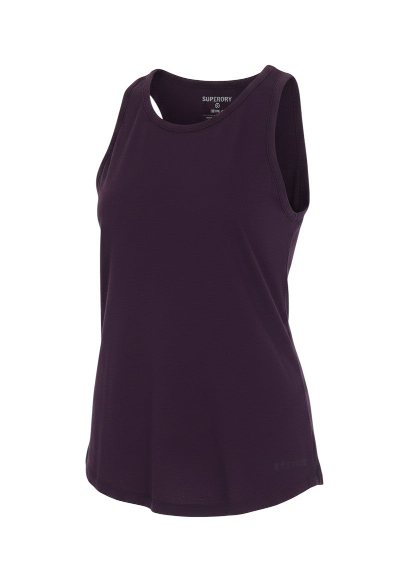 Prewornwholesale Superdry purple sleeveless jersey tank top for women, featuring a round neck and activewear design.