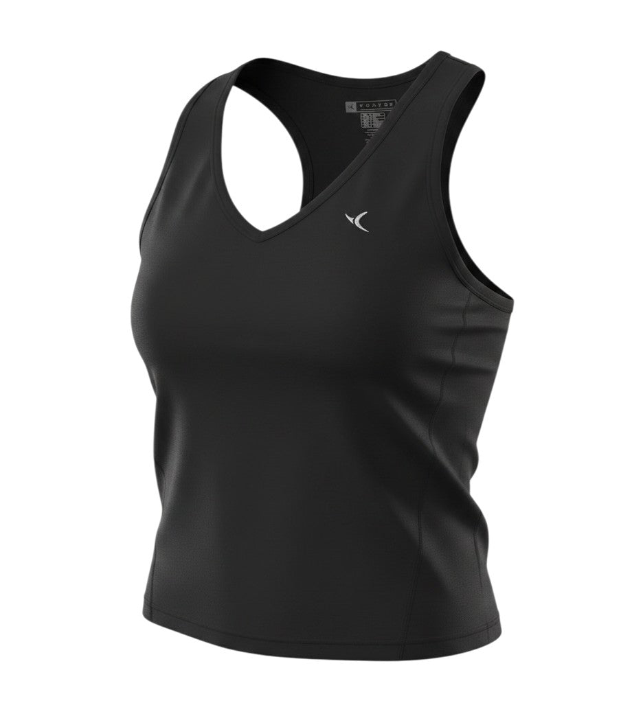 Prewornwholesale Tomyos women's black V-neck tank top with a racerback design for gym and athletic training.