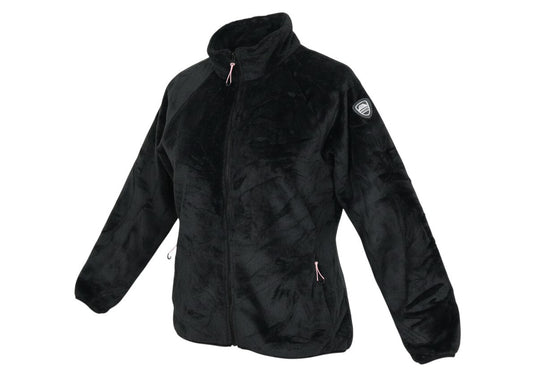 Prewornwholesale Trespass women's black soft fleece jacket with full zip, high collar, and pink zip pull details.