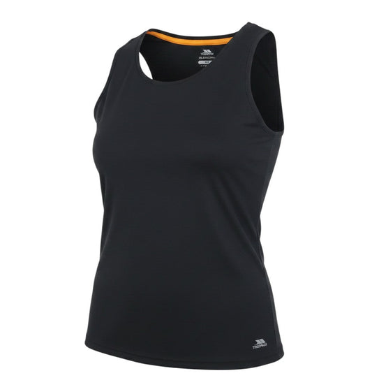 Prewornwholesale Trespass black quick-dry polyester gym tank top with orange inner neck trim