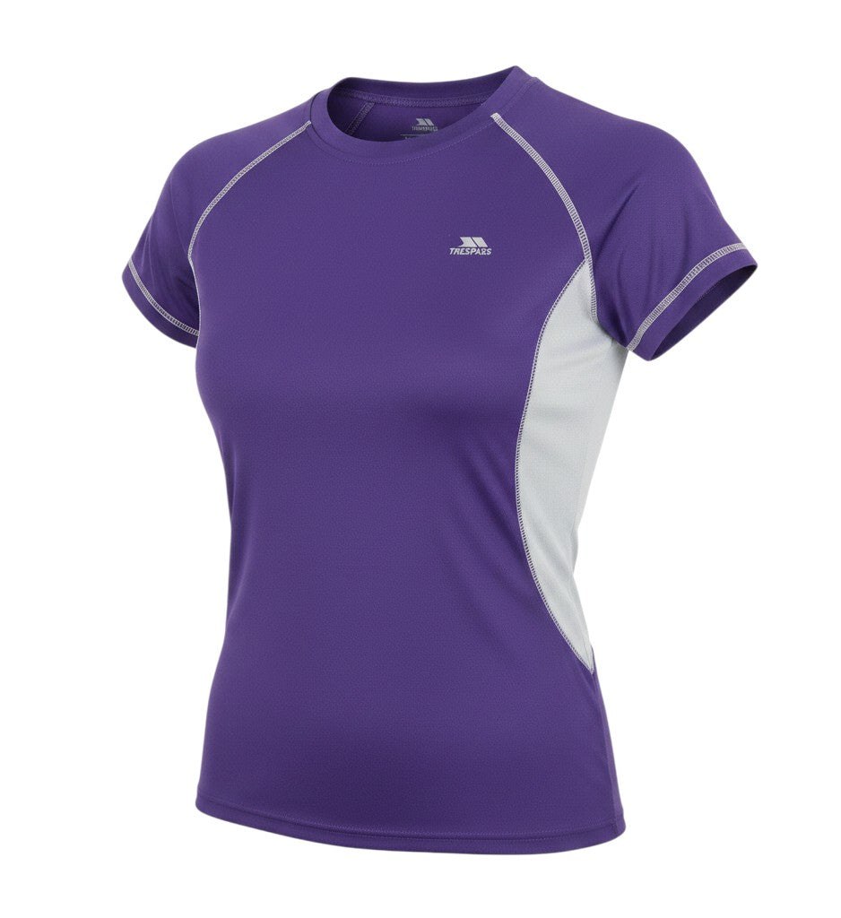 Prewornwholesale Trespass women's purple breathable athletic t-shirt with grey side panels and crew neck