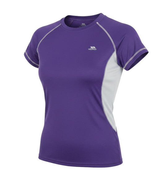 Prewornwholesale Trespass women's purple breathable athletic t-shirt with grey side panels and crew neck