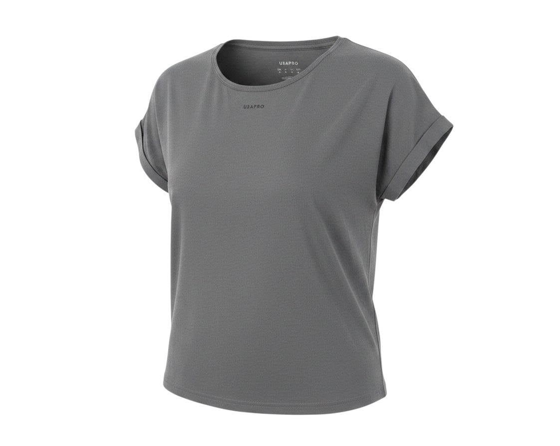 Prewornwholesale USAPRO women's grey round neck t-shirt with short sleeves in a soft cotton modal jersey blend