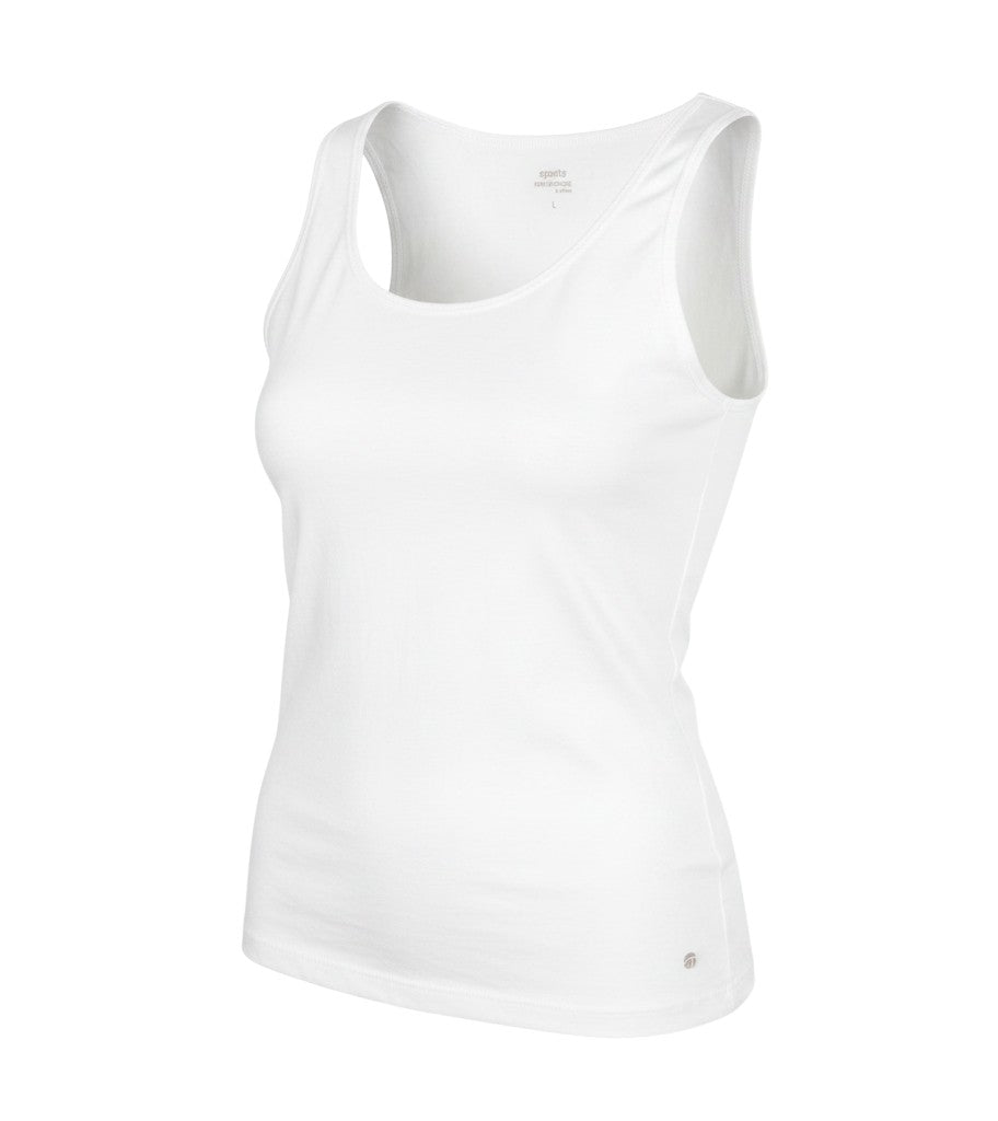 Prewornwholesale white scoop neck tank top for women in cotton blend, sleeveless design for fitness and training.