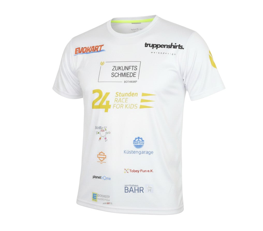 Prewornwholesale white polyester active T-shirt with various sponsor logos and crew neck for sports and running